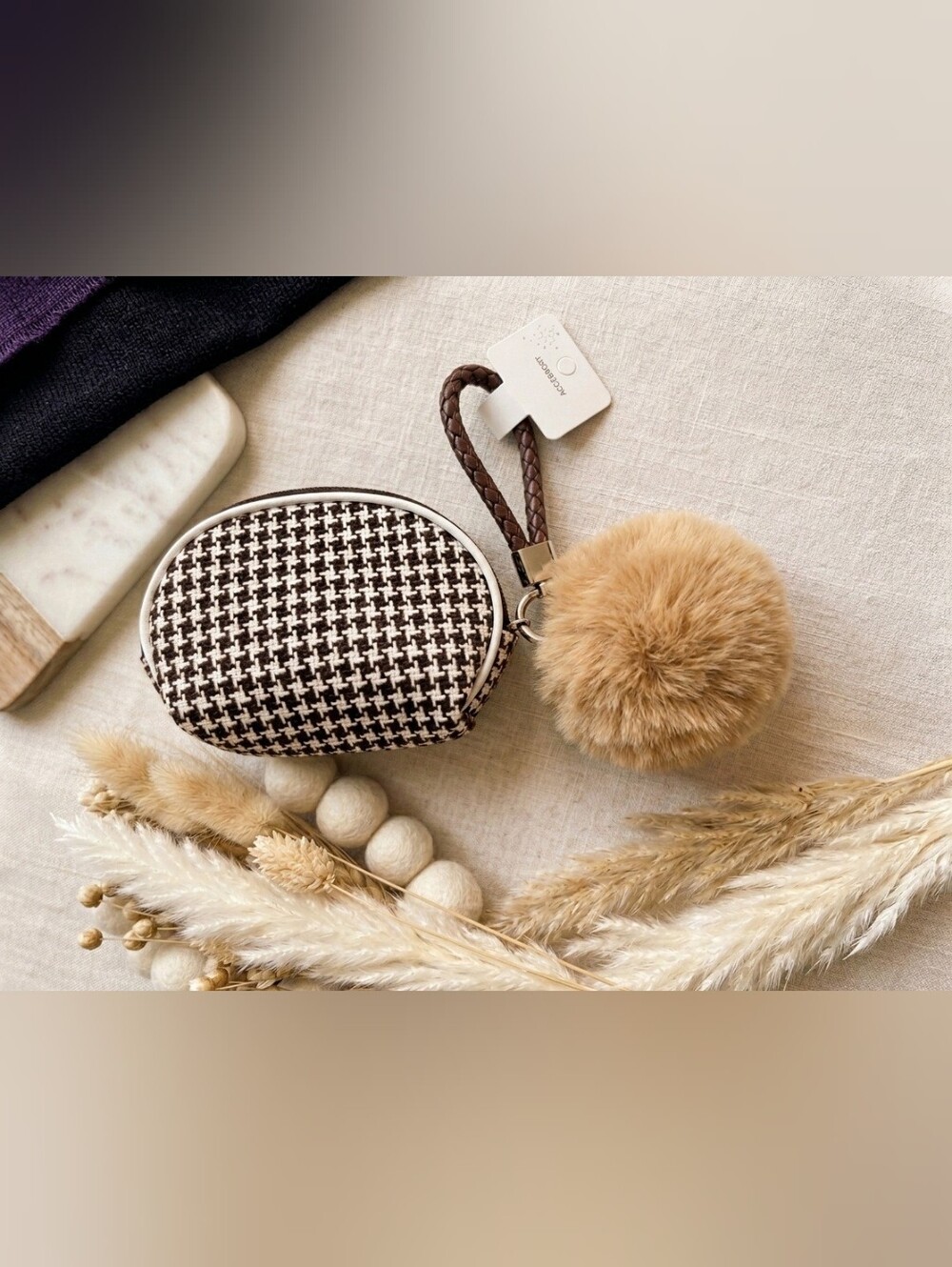 Brown & Cream Houndstooth Coin Purse with Tan Pom Keychain